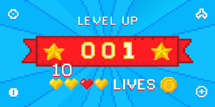 Pixelated video game level up screen displaying score lives and coins