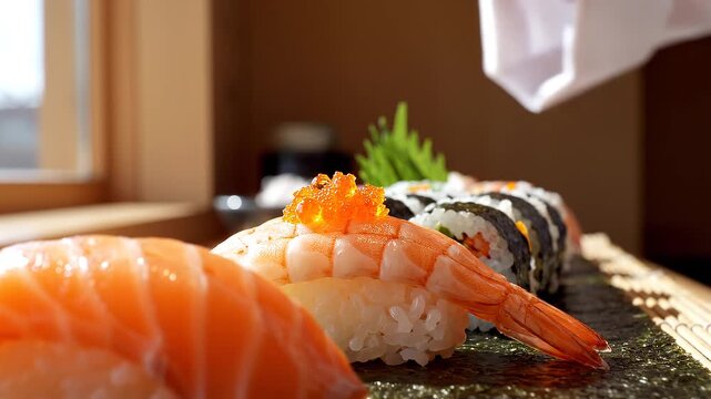 Professional Chef Hand Preparing Fresh Shrimp Nigiri Sushi