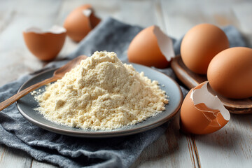 Fototapeta premium Fresh Eggs and Flour on Rustic Wooden Table - Baking Ingredient Preparation