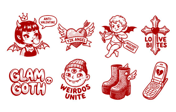 Black White Halftone Glamour 00s Baby Angel Cupid Y2K Gothic Set 8 Sketch Bubble Gum Goth Girl Wings-Anti Valentine Hearts 90s Vector Set