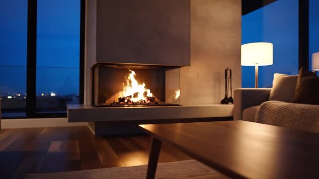 A cozy living room with a fireplace and city view window couch Full HD 4K Download 2025 2026