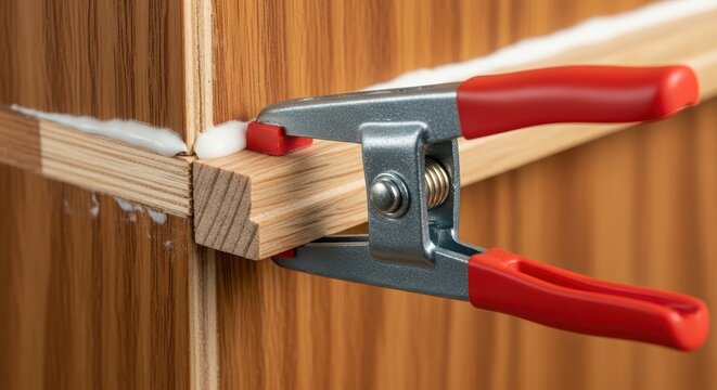 Metal clamp holding wooden block on light brown wooden surface close-up tool workshop DIY