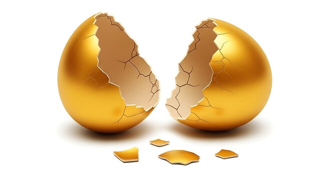 A broken golden egg with cracked shell and fragments on a Transparent Background