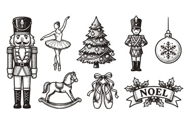 Fototapeta premium Black White Halftone Nutcracker Christmas Eve Winter Ballet Set 8 Sketch Noel Tree Baubles-Toy Soldier Ballerina Decoration Vector Set