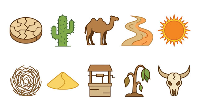 Desert Drought Icons Set with Camel, cactus, sun, skull, well, dry plant, cracked earth. Scarcity, Environment & Survival. Flat Line Art, Muted Earth Tones. Isolated Vector.