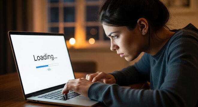 Woman experiencing slow internet speed on laptop loading data