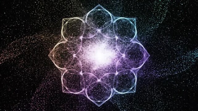 Seamlessly looping abstract motion graphics of glowing colorful digital particles forming and dissolving intricate evolving geometric patterns on a dark screen texture, motion, vibrant