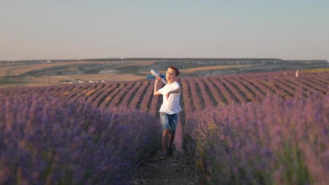 Boy running airplane toy, happy child plays through huge lavender field during beautiful summer sunset.