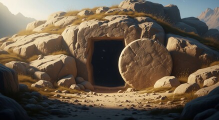 Fototapeta premium Empty tomb of Jesus Christ with the stone rolled away. Biblical scene of the Resurrection on Easter morning. Christian faith and hope concept