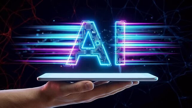 Hand holding a tablet with glowing AI letters against a dark network background. Video footage symbolizing artificial intelligence, machine learning, future technology, neural networks, and digital tr