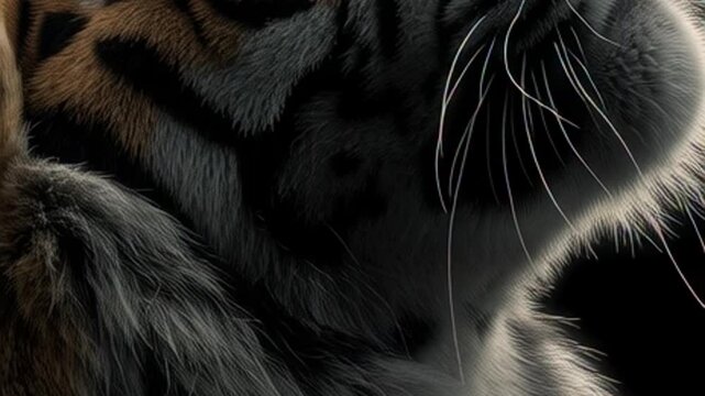 Close-up of a tiger's fur and whiskers, detailed texture, exotic wildlife concept.