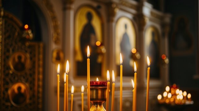 Burning wax candles in an Orthodox church. Close up of lit candles in front of a blurred iconostasis with icons. Religious prayer and worship concept