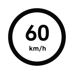 Round traffic sign displaying a black sixty with kmh below isolated on a white background