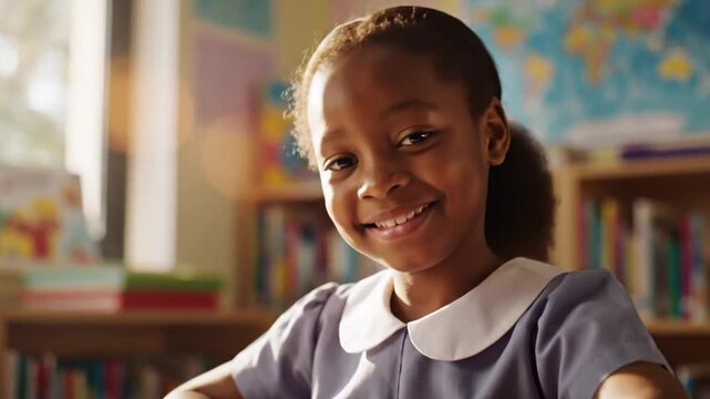 Happy schoolgirl in uniform smiling at the camera in a sunny classroom environment full of books and a world map