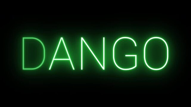 Flickering neon green glowing dango sign animated black background.