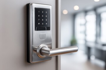 Naklejka premium Close-up shot of a modern digital door lock, offering keyless entry and enhanced security, set against a blurred interior background and brushed metal finish.