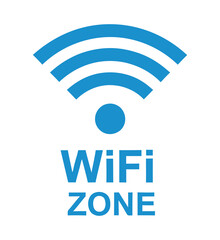 Blue WiFi zone symbol with signal waves and dot indicating wireless internet connection access point