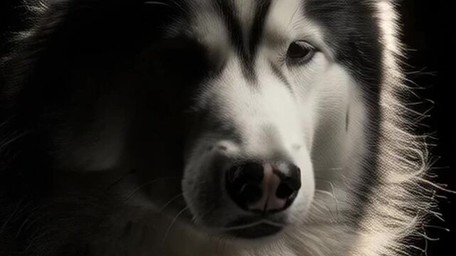 Close-up profile of a fluffy grey and white cat's head with dramatic lighting