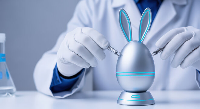 Sleek Robotic Easter Egg Being Inspected by Scientist in Lab Setting for Technology Blogs, Innovation Articles, Easter Concepts, and Creative Design Projects