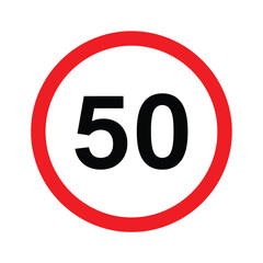 A circular traffic sign displaying the number fifty indicating a speed limit of 50 kilometers per hour isolated on transparent background