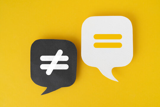yellow equal sign on white speech bubble and unequal sign on black speech bubble with yellow background
