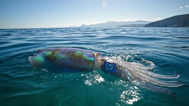 Mesmerizing close up of iridescent cuttlefish swimming in crystal clear ocean water on a sunny day