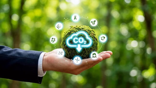 Close up of hand holding green eco globe with glowing CO2 reduction icons on blurred nature background. Concept of carbon neutral, net zero, ESG, renewable energy, and green technology for sustainable