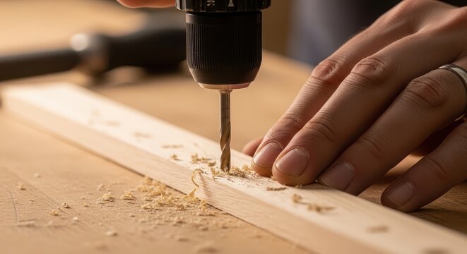 Carpenter drilling wooden plank with power tool in workshop close-up hands craftsmanship