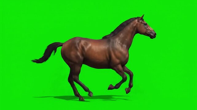 Brown horse running, green screen background, isolated animal, equine motion