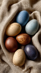 Colorful speckled eggs beautifully arranged on soft linen fabric