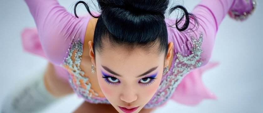 Top view of Asian figure skater in pink costume performing on ice. Intense gaze, dramatic makeup and elegant pose capture motion, grace and athletic focus in a vibrant winter sport scene.