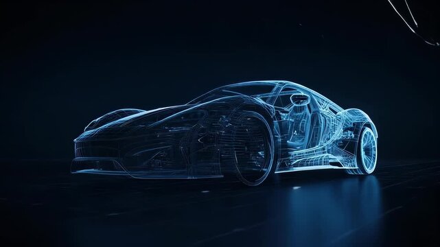 Futuristic Blue Sports Car Wireframe Hologram on Dark Background.