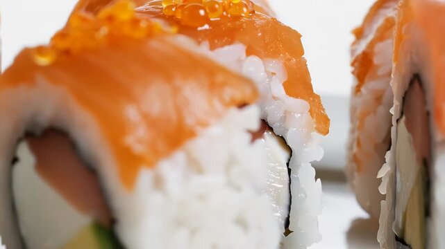 Extreme Macro Close Up Shot of Delicious Japanese Sushi Rolls.