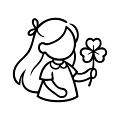 Día de San Patricio. Logo con dibujo sencillo con líneas de una niña con trébol de tres hojas en la mano para felicitaciones y tarjetas © teracreonte
