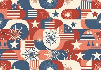 Geometric Pattern of Red, White, and Blue Stars and Fireworks