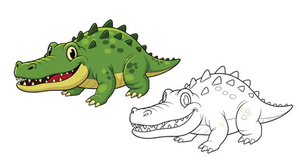 Fototapeta premium Friendly green crocodile character illustration shown side by side as a colored drawing and a line art sketch.