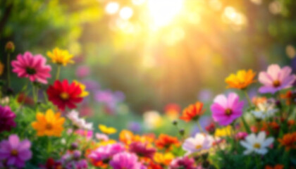 Obraz premium Blurry bokeh background with colorful flowers in the garden