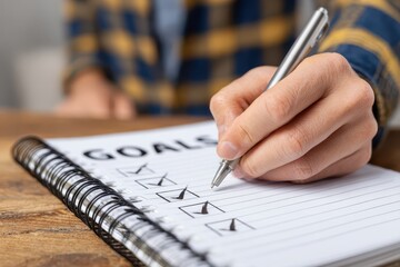 A person checking boxes next to goals in a notebook, illustrating achievement, planning, and task completion on a wooden table for a fresh start, new chapter.