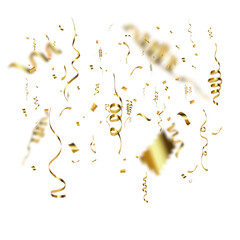 Golden confetti and curling streamers on solid black background, festive celebration decoration, luxury party backdrop, non-transparent background.