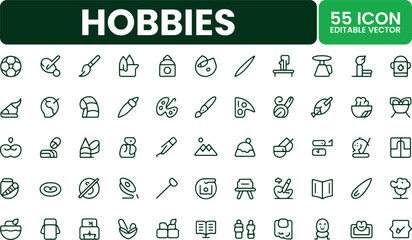Hobbies Line Icons Pack - 55 Editable Stroke Vector Icons Set

