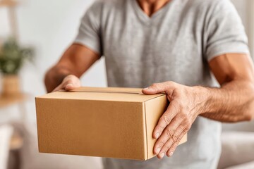 A man's strong arms are holding a cardboard box out in front, offering a gift or delivery, emphasizing the anticipation of receiving and giving with care.