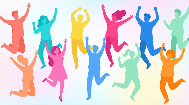 Colorful silhouettes of people are jumping and raising their arms in a joyful and energetic celebration or dance