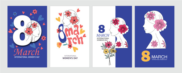 Fototapeta premium Set of 4 International Women's Day Vertical Posters with Minimalist Line Art Woman Profile, Vibrant Floral Elements, and Creative 8 March Typography in Modern Flat Illustration Style for Social Media 