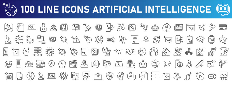 100 Ai Line Icons Set Artificial Intelligence element for apps and web. Vector illustration. Editable stroke