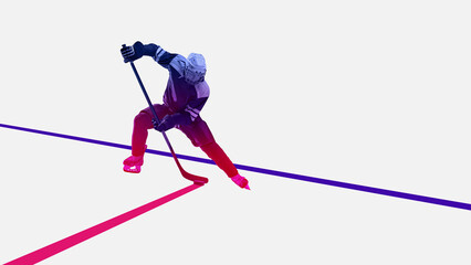 Fototapeta premium Bold mixed media ice hockey player striking puck with geometric lines. Concept of league promotion, winter championship graphics, sports broadcast visuals and team marketing campaigns.