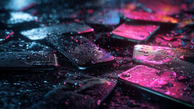 Dramatic close-up of raining on scattered phones, ideal illustration for gadget insurance, repair services and digital security campaigns.