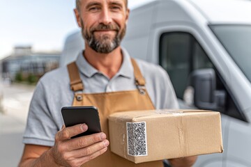A cheerful delivery man holding a package and a mobile phone with delivery truck behind, ready to deliver the box to the right address and check online order.