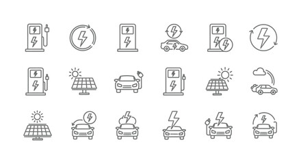 Electric vehicle charging icons set for renewable energy solutions and sustainable transportation systems worldwide online