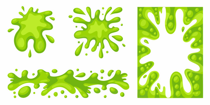 Cartoon green slime splashes and patterns on a white background