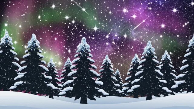Seamlessly looping abstract motion graphics of stylized snow-capped pine tree silhouettes rotating slowly under a dynamically shimmering starry night sky rotating, corporate, concept